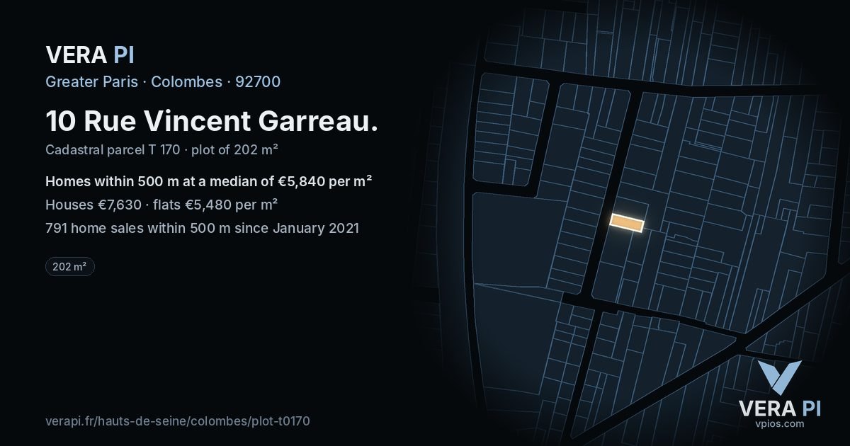 10 Rue Vincent Garreau, Colombes at night – the plot lit, the parcels around coloured by the prices near them
