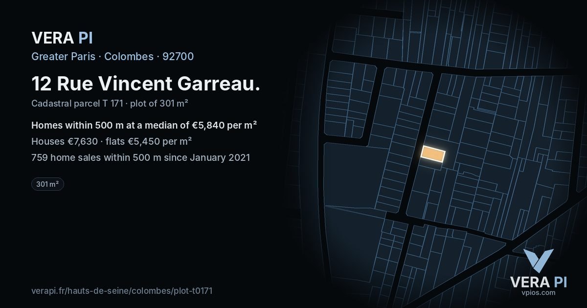 12 Rue Vincent Garreau, Colombes at night – the plot lit, the parcels around coloured by the prices near them