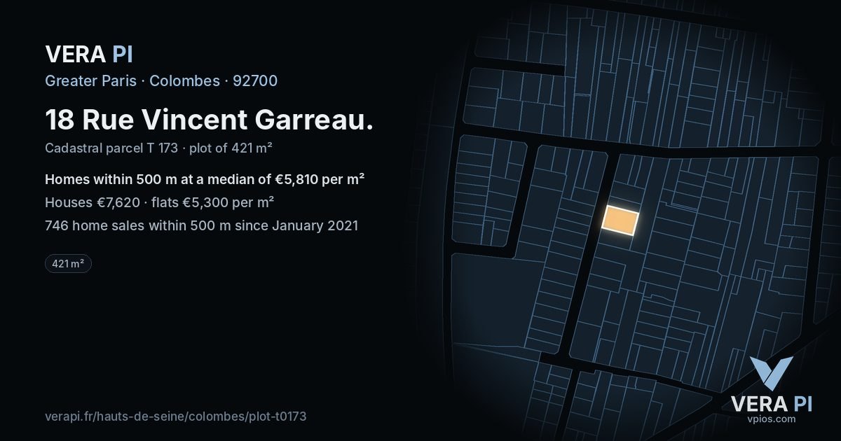 18 Rue Vincent Garreau, Colombes at night – the plot lit, the parcels around coloured by the prices near them