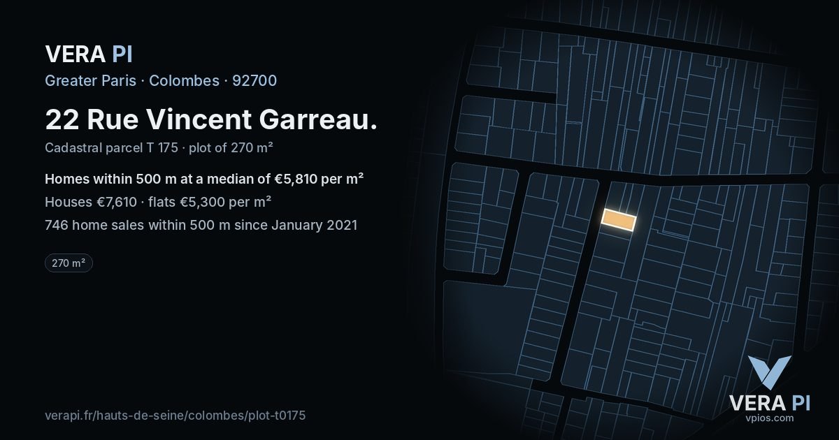 22 Rue Vincent Garreau, Colombes at night – the plot lit, the parcels around coloured by the prices near them