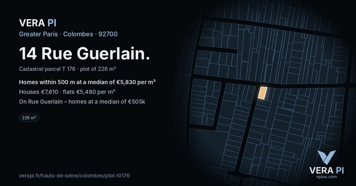 14 Rue Guerlain, Colombes at night – the plot lit, the parcels around coloured by the prices near them