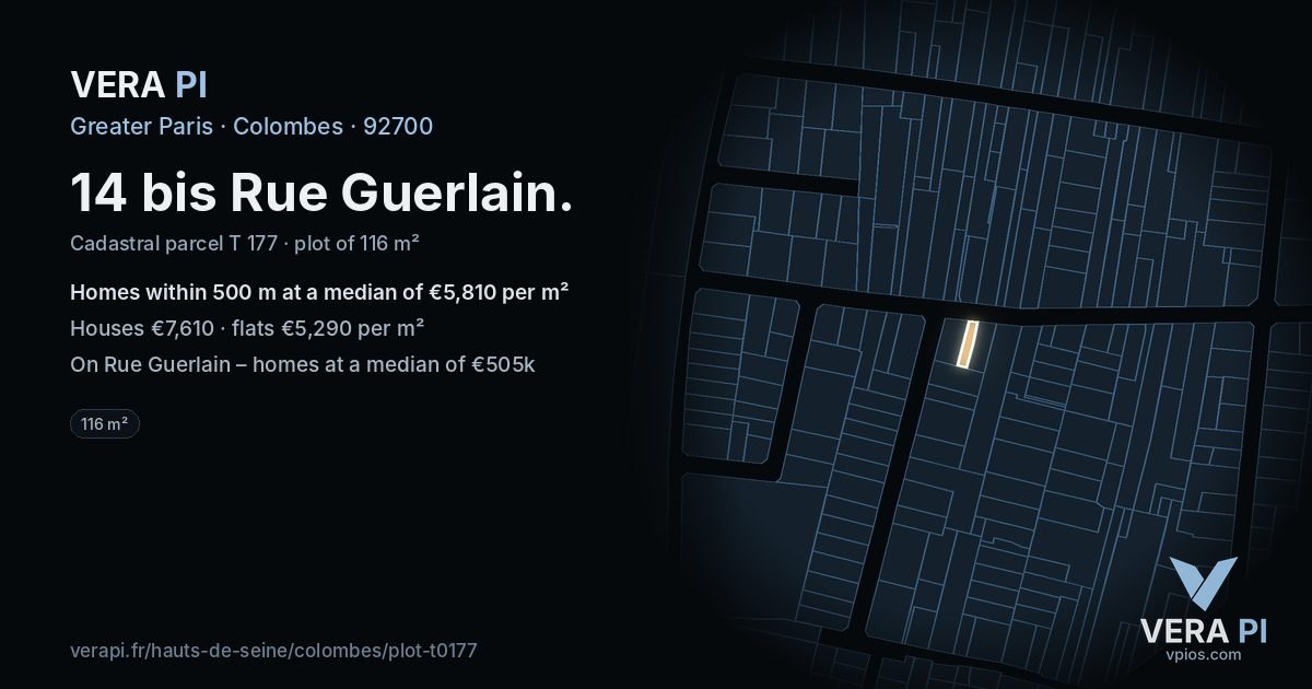 14 bis Rue Guerlain, Colombes at night – the plot lit, the parcels around coloured by the prices near them
