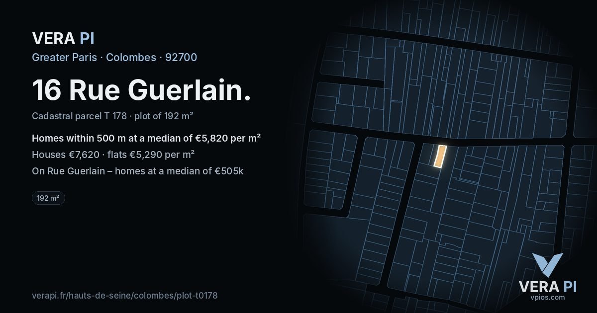 16 Rue Guerlain, Colombes at night – the plot lit, the parcels around coloured by the prices near them