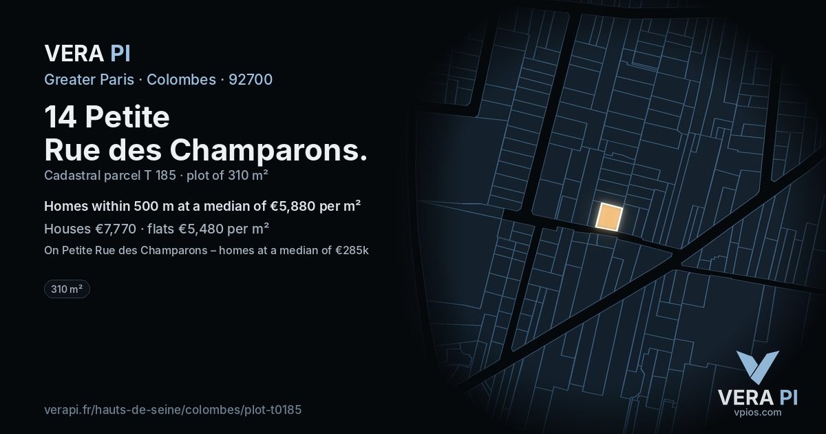 14 Petite Rue des Champarons, Colombes at night – the plot lit, the parcels around coloured by the prices near them