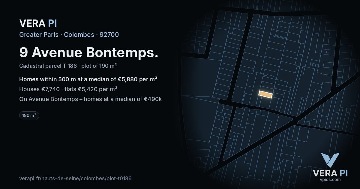 9 Avenue Bontemps, Colombes at night – the plot lit, the parcels around coloured by the prices near them
