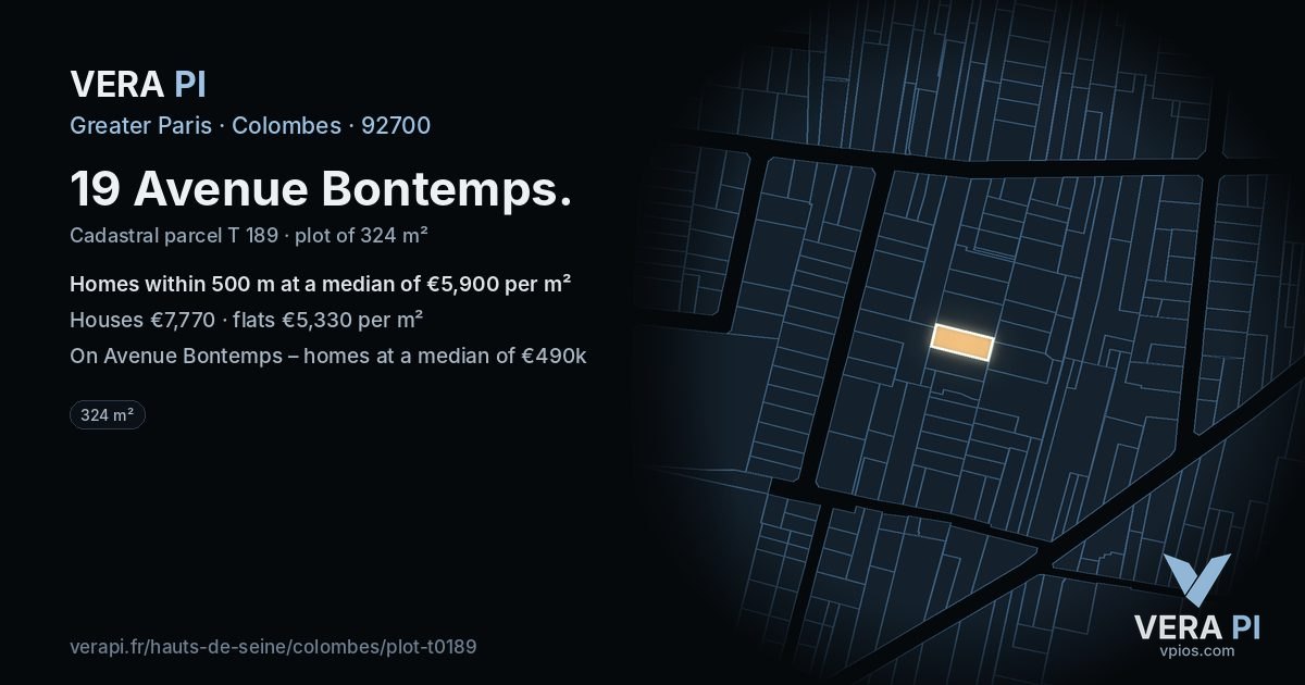 19 Avenue Bontemps, Colombes at night – the plot lit, the parcels around coloured by the prices near them
