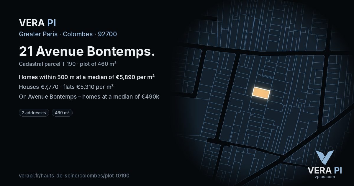 21 Avenue Bontemps, Colombes at night – the plot lit, the parcels around coloured by the prices near them