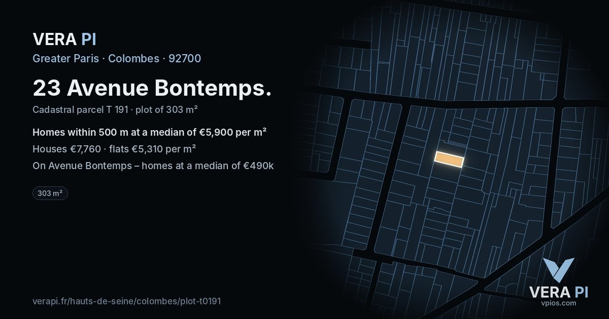 23 Avenue Bontemps, Colombes at night – the plot lit, the parcels around coloured by the prices near them