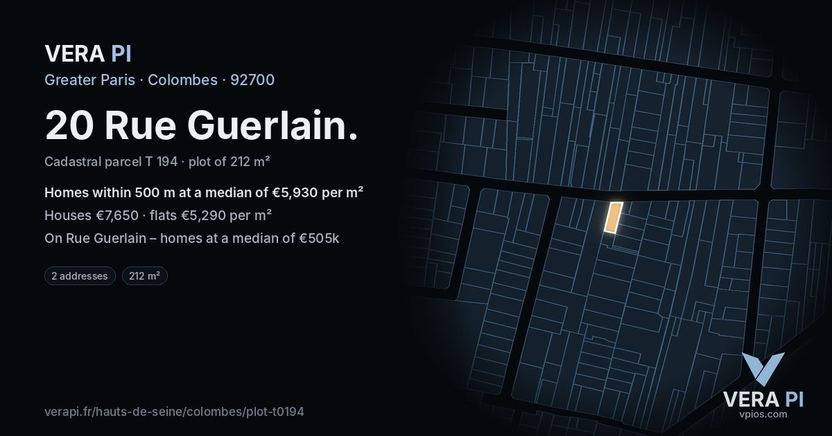 20 Rue Guerlain, Colombes at night – the plot lit, the parcels around coloured by the prices near them