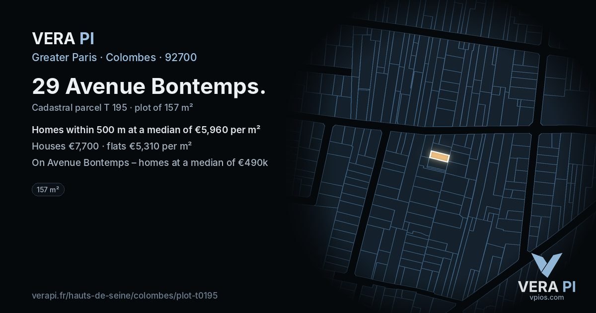 29 Avenue Bontemps, Colombes at night – the plot lit, the parcels around coloured by the prices near them