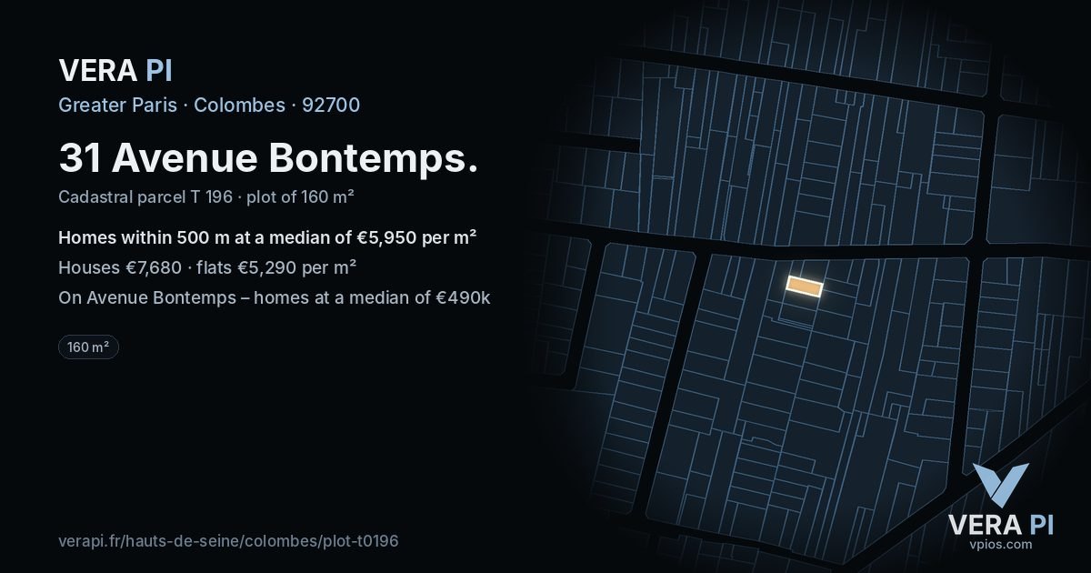 31 Avenue Bontemps, Colombes at night – the plot lit, the parcels around coloured by the prices near them