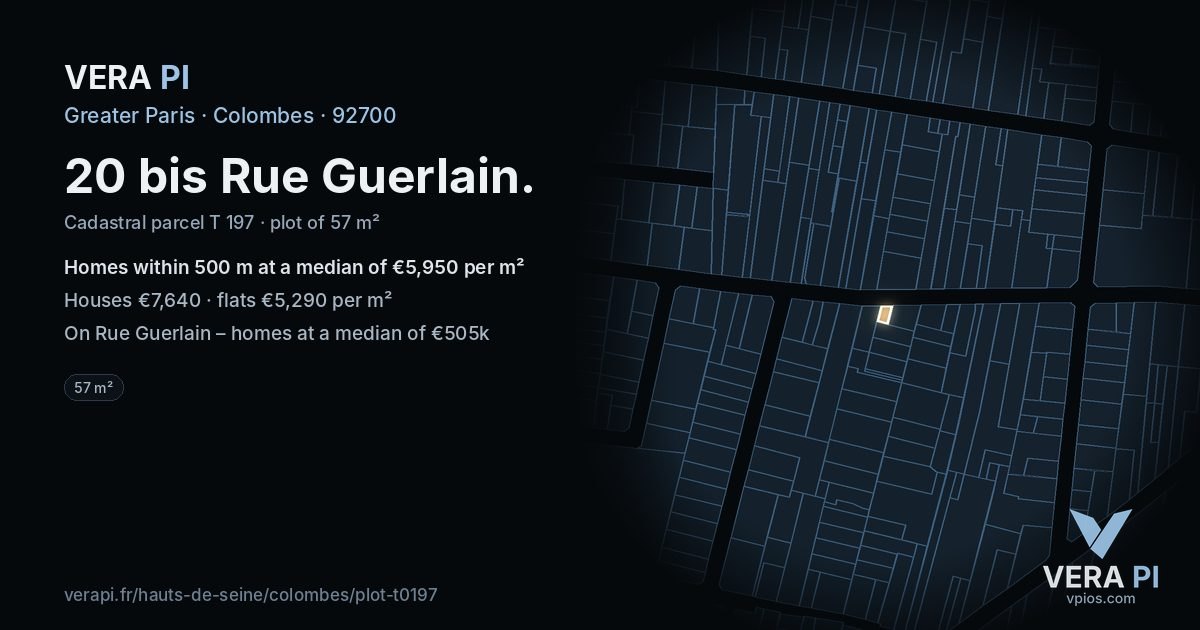 20 bis Rue Guerlain, Colombes at night – the plot lit, the parcels around coloured by the prices near them