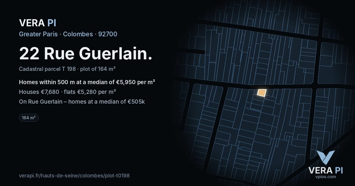 22 Rue Guerlain, Colombes at night – the plot lit, the parcels around coloured by the prices near them