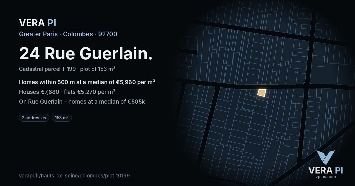 24 Rue Guerlain, Colombes at night – the plot lit, the parcels around coloured by the prices near them