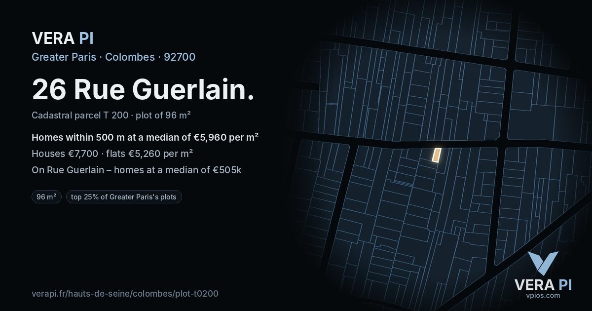 26 Rue Guerlain, Colombes at night – the plot lit, the parcels around coloured by the prices near them
