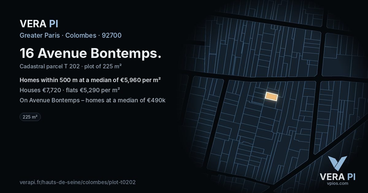 16 Avenue Bontemps, Colombes at night – the plot lit, the parcels around coloured by the prices near them