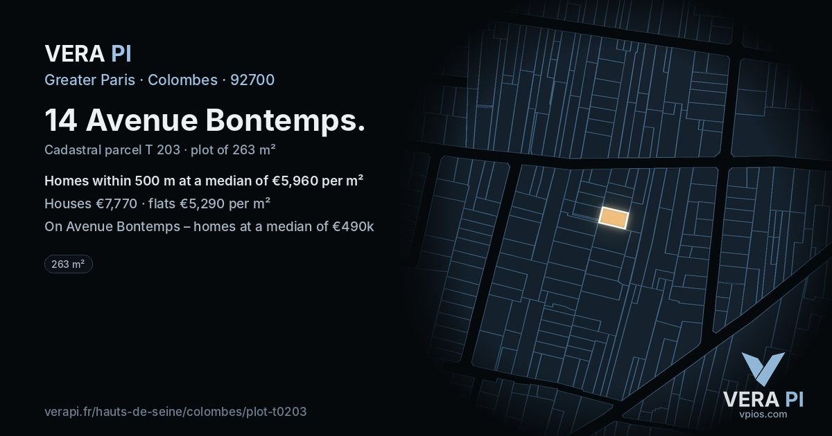 14 Avenue Bontemps, Colombes at night – the plot lit, the parcels around coloured by the prices near them