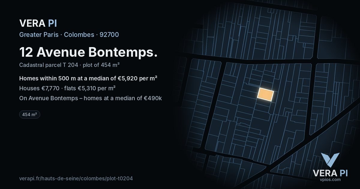 12 Avenue Bontemps, Colombes at night – the plot lit, the parcels around coloured by the prices near them