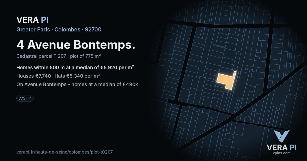 4 Avenue Bontemps, Colombes at night – the plot lit, the parcels around coloured by the prices near them