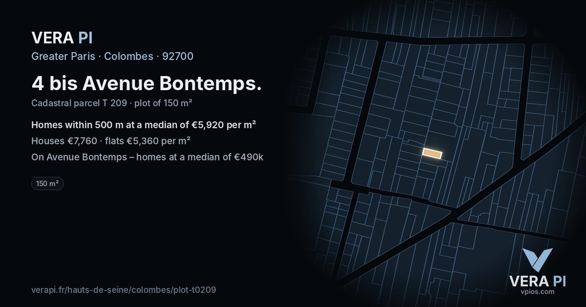 4 bis Avenue Bontemps, Colombes at night – the plot lit, the parcels around coloured by the prices near them