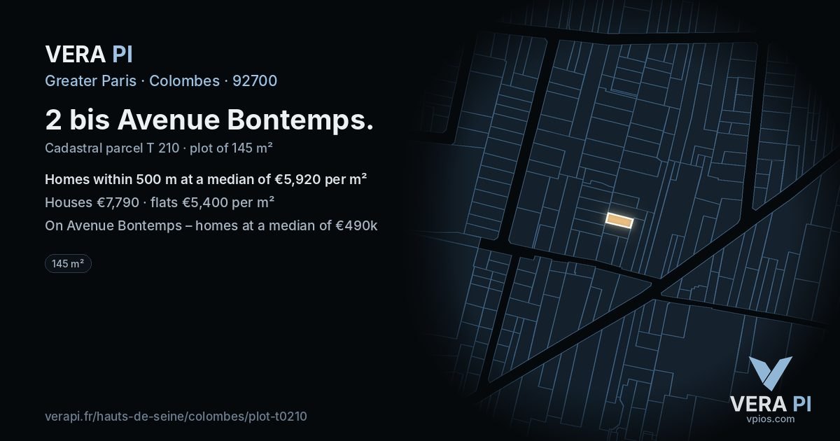 2 bis Avenue Bontemps, Colombes at night – the plot lit, the parcels around coloured by the prices near them