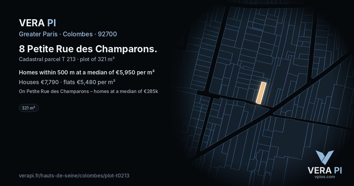 8 Petite Rue des Champarons, Colombes at night – the plot lit, the parcels around coloured by the prices near them