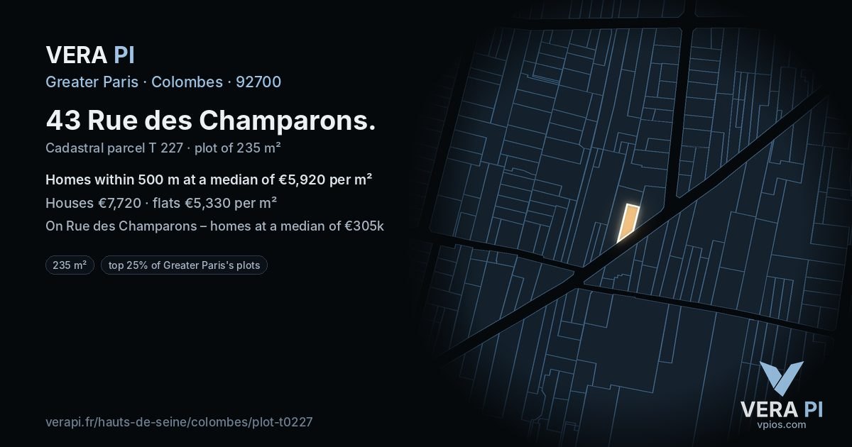 43 Rue des Champarons, Colombes at night – the plot lit, the parcels around coloured by the prices near them