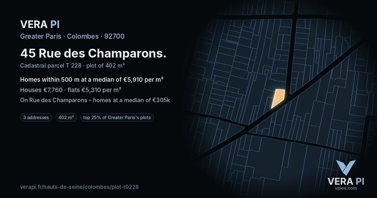 45 Rue des Champarons, Colombes at night – the plot lit, the parcels around coloured by the prices near them