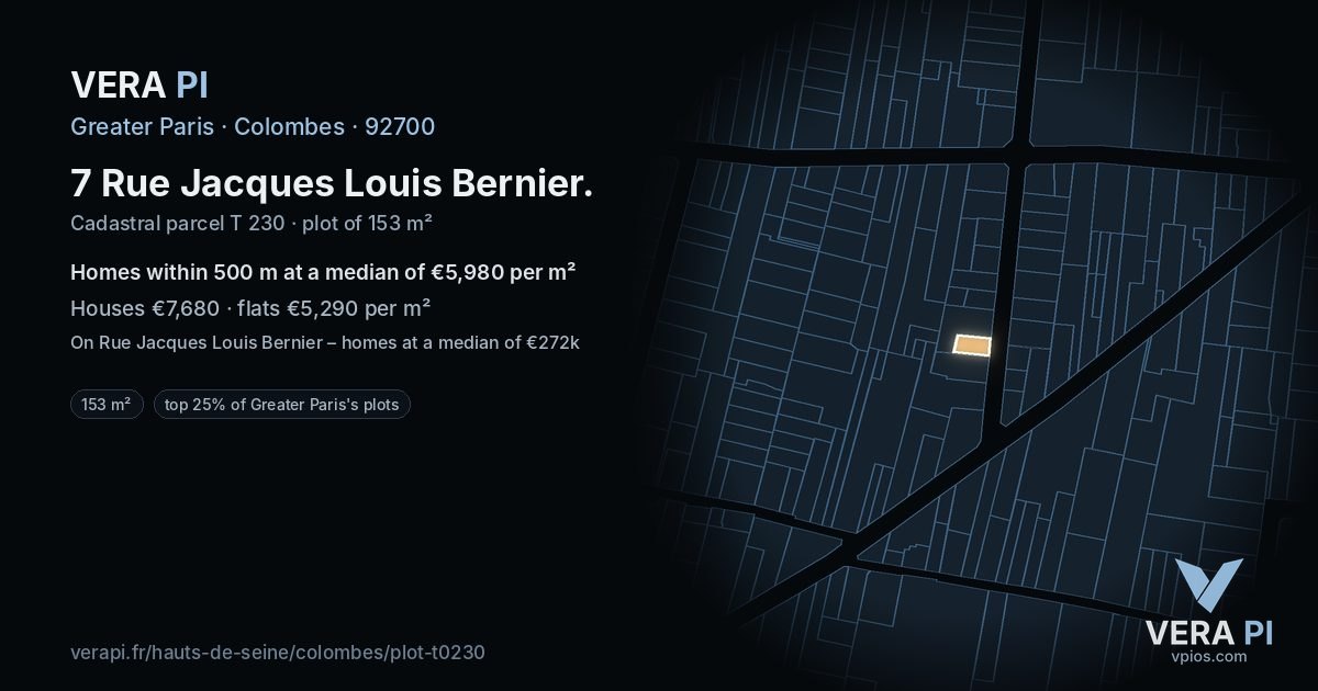 7 Rue Jacques Louis Bernier, Colombes at night – the plot lit, the parcels around coloured by the prices near them