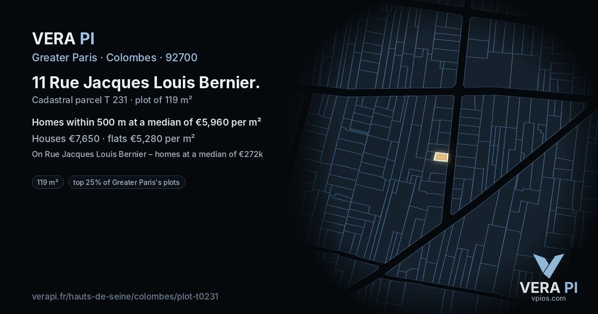 11 Rue Jacques Louis Bernier, Colombes at night – the plot lit, the parcels around coloured by the prices near them