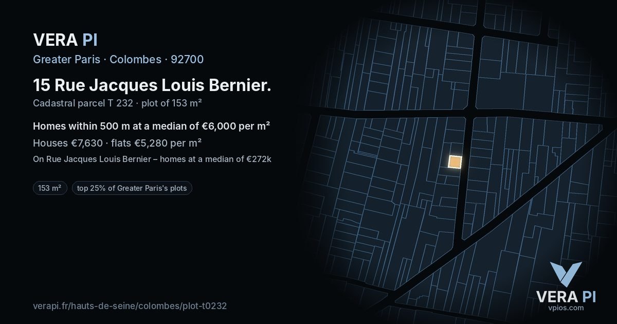 15 Rue Jacques Louis Bernier, Colombes at night – the plot lit, the parcels around coloured by the prices near them