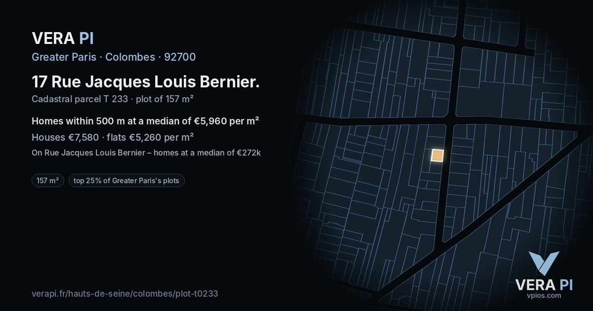 17 Rue Jacques Louis Bernier, Colombes at night – the plot lit, the parcels around coloured by the prices near them