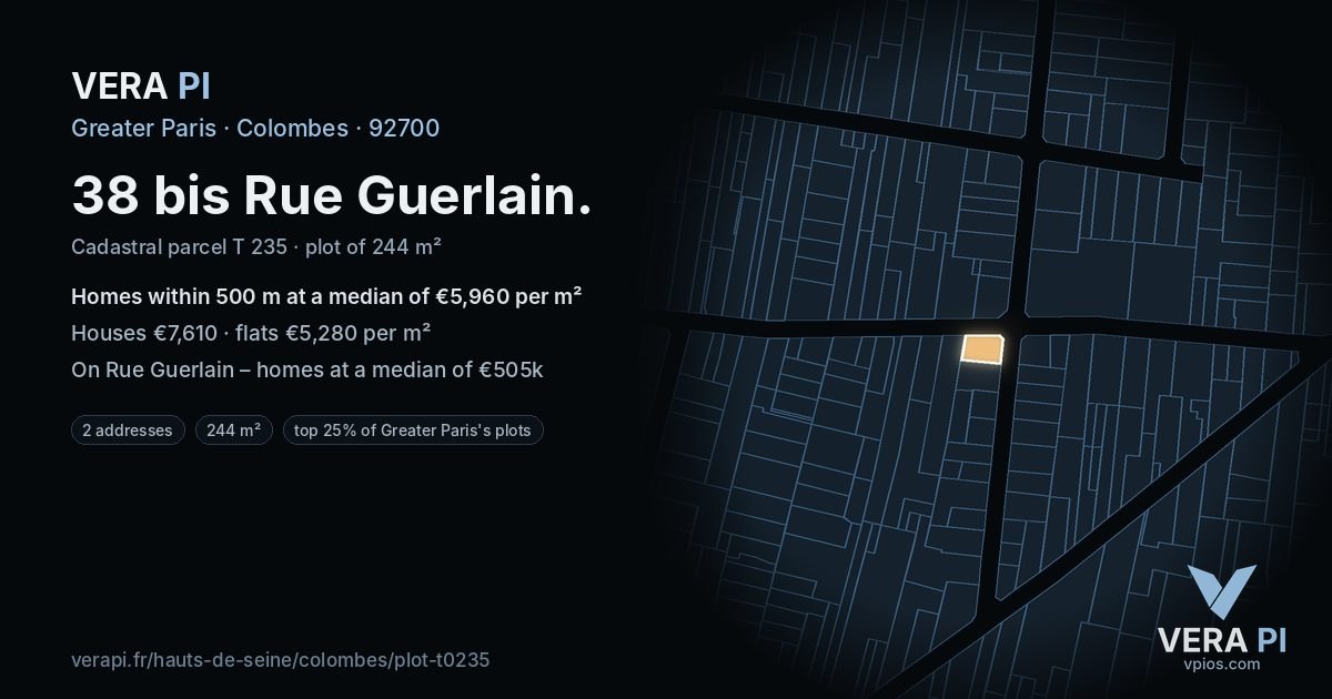 38 bis Rue Guerlain, Colombes at night – the plot lit, the parcels around coloured by the prices near them
