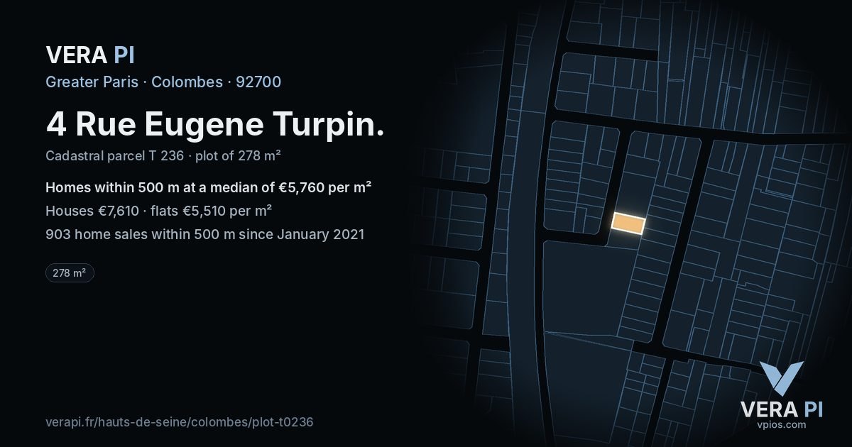 4 Rue Eugene Turpin, Colombes at night – the plot lit, the parcels around coloured by the prices near them