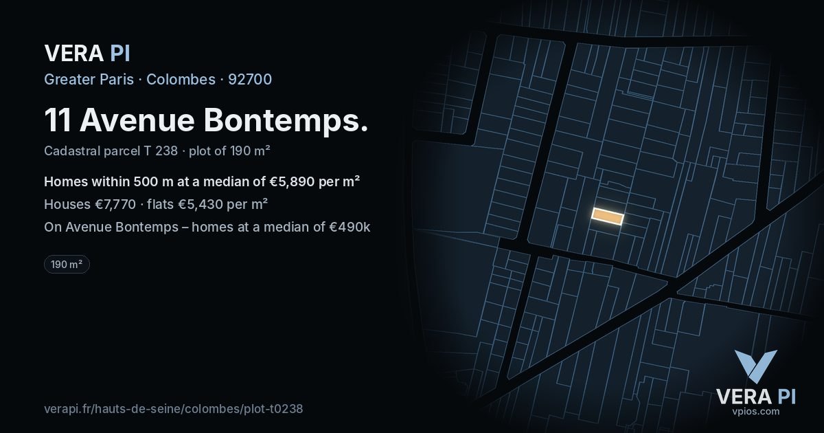 11 Avenue Bontemps, Colombes at night – the plot lit, the parcels around coloured by the prices near them