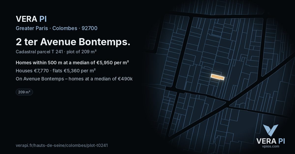 2 ter Avenue Bontemps, Colombes at night – the plot lit, the parcels around coloured by the prices near them