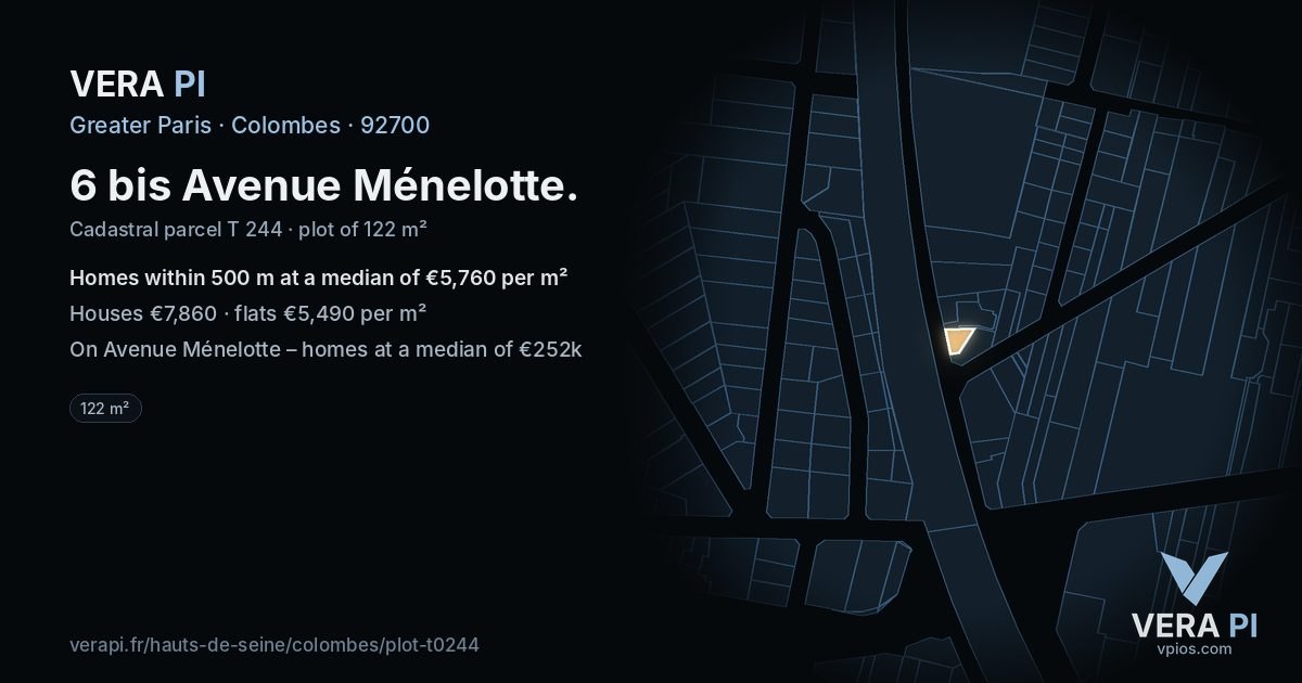 6 bis Avenue Ménelotte, Colombes at night – the plot lit, the parcels around coloured by the prices near them