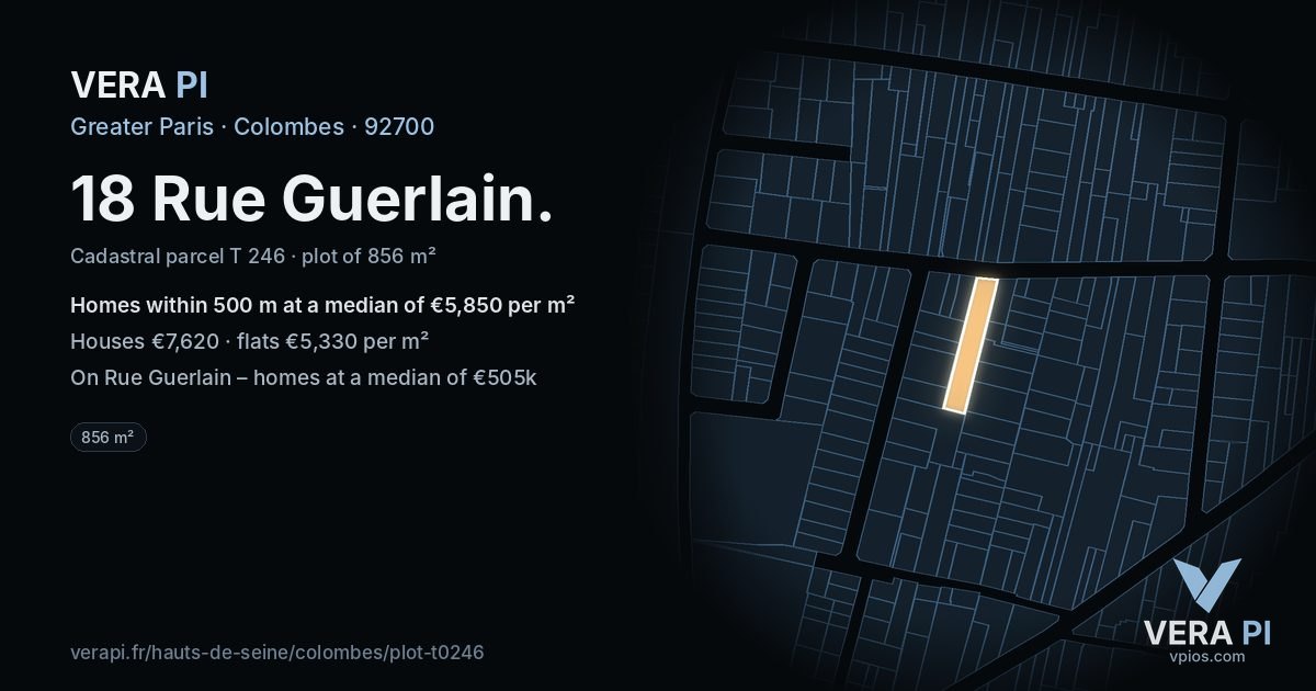 18 Rue Guerlain, Colombes at night – the plot lit, the parcels around coloured by the prices near them