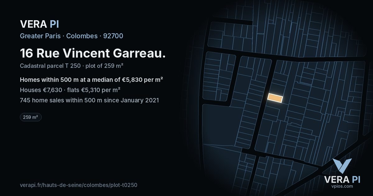 16 Rue Vincent Garreau, Colombes at night – the plot lit, the parcels around coloured by the prices near them
