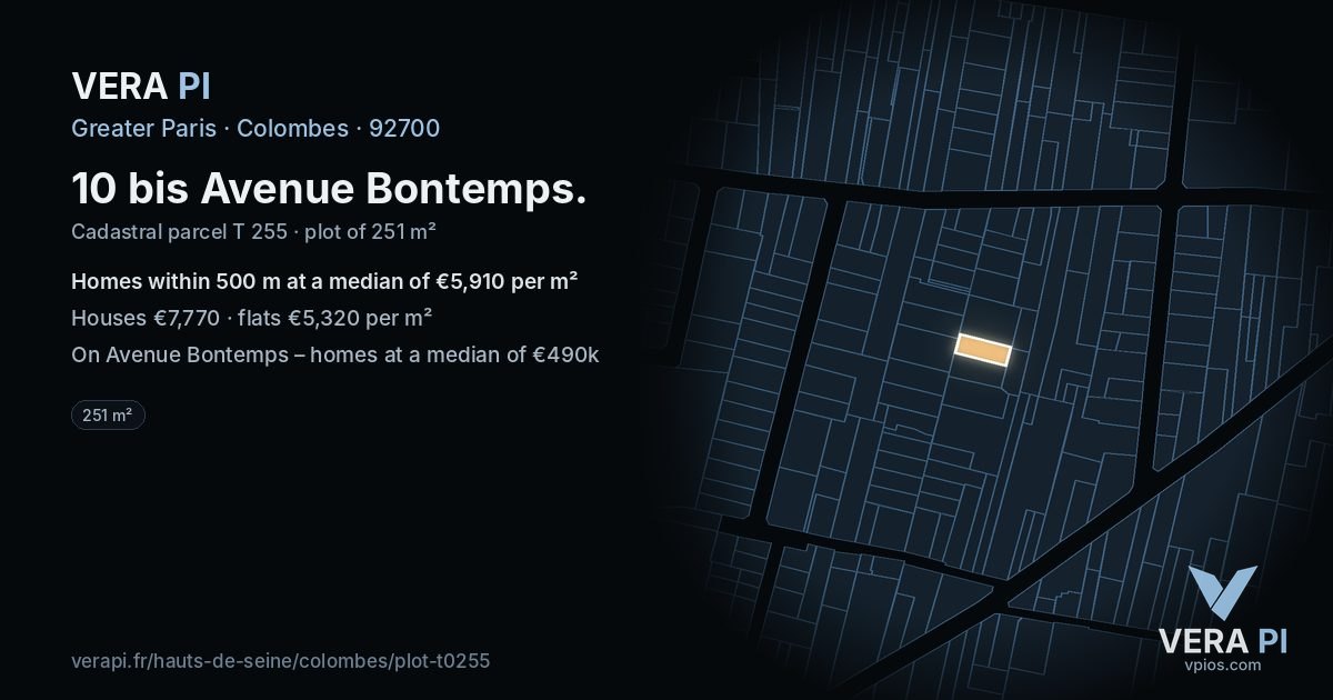 10 bis Avenue Bontemps, Colombes at night – the plot lit, the parcels around coloured by the prices near them