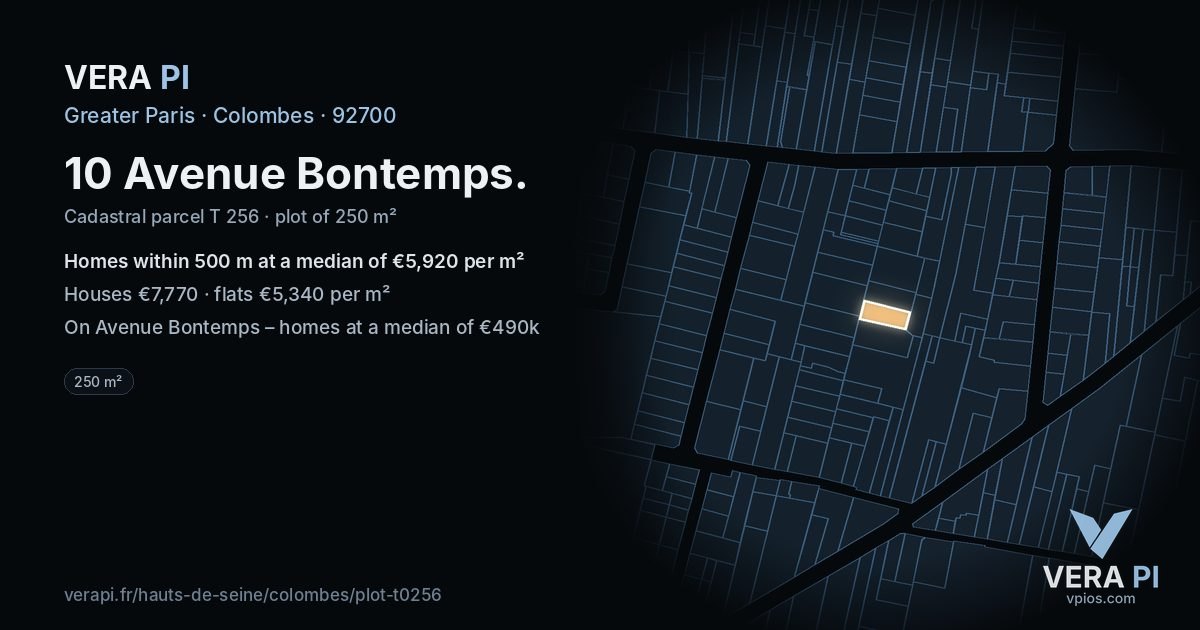 10 Avenue Bontemps, Colombes at night – the plot lit, the parcels around coloured by the prices near them
