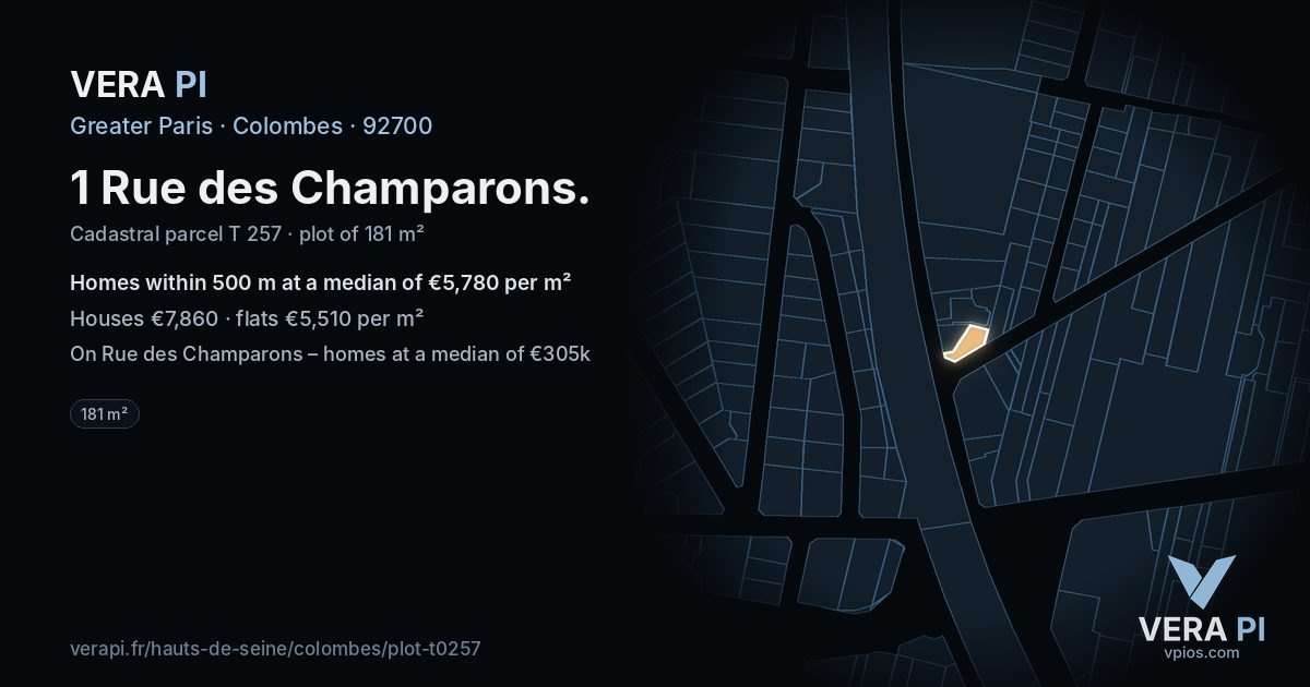 1 Rue des Champarons, Colombes at night – the plot lit, the parcels around coloured by the prices near them