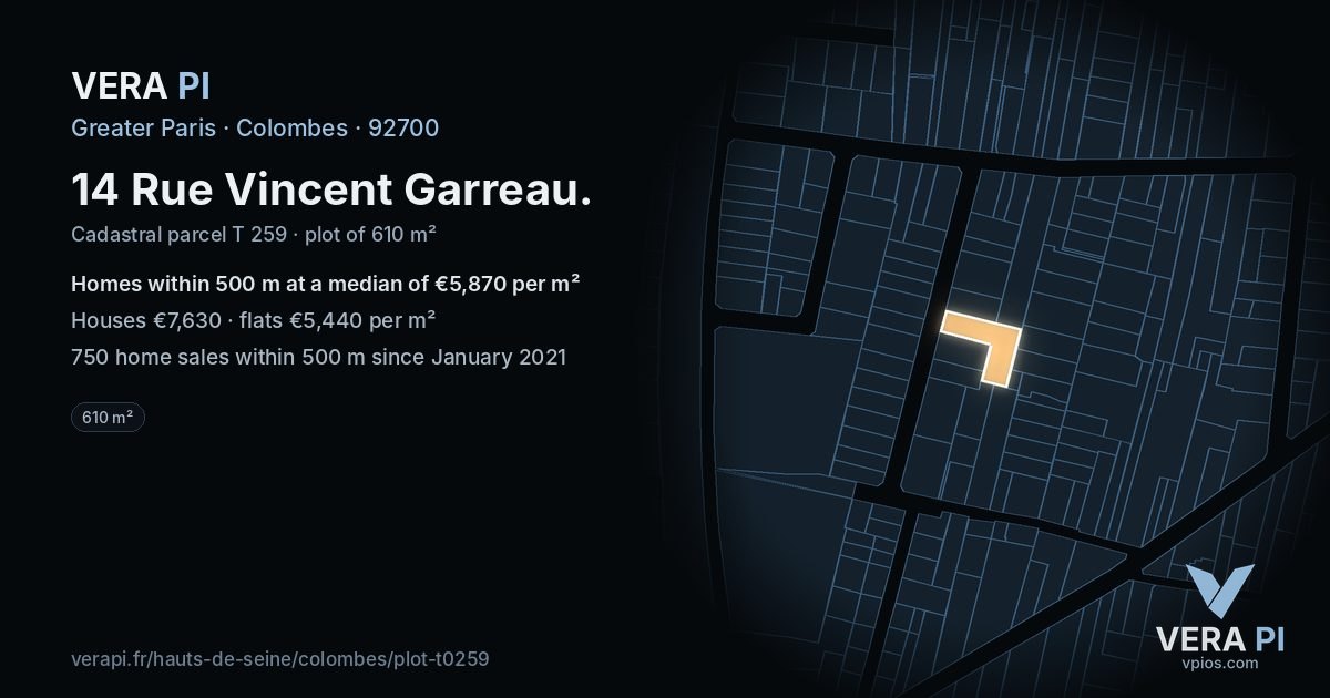 14 Rue Vincent Garreau, Colombes at night – the plot lit, the parcels around coloured by the prices near them