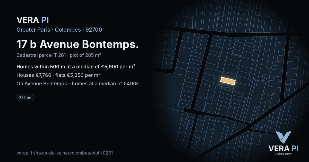 17 b Avenue Bontemps, Colombes at night – the plot lit, the parcels around coloured by the prices near them