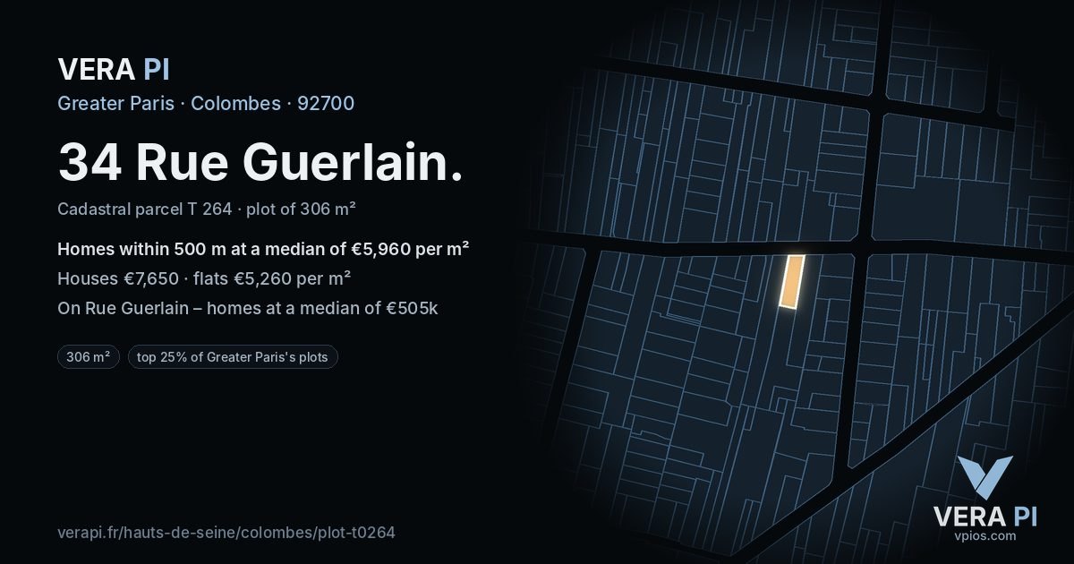 34 Rue Guerlain, Colombes at night – the plot lit, the parcels around coloured by the prices near them