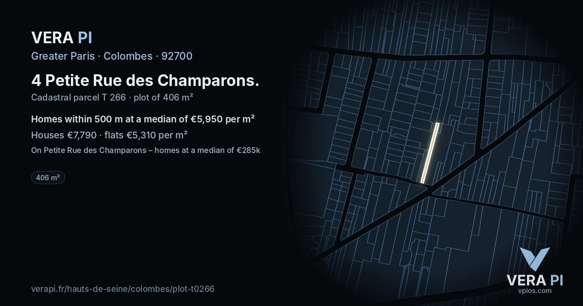 4 Petite Rue des Champarons, Colombes at night – the plot lit, the parcels around coloured by the prices near them