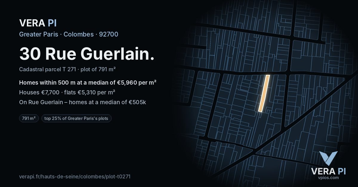 30 Rue Guerlain, Colombes at night – the plot lit, the parcels around coloured by the prices near them