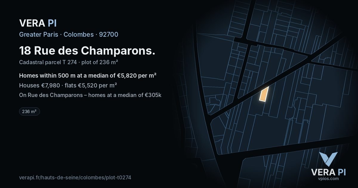 18 Rue des Champarons, Colombes at night – the plot lit, the parcels around coloured by the prices near them