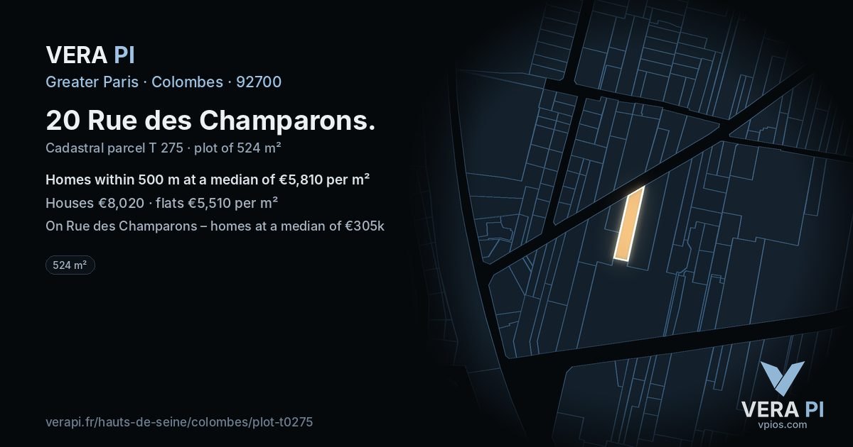 20 Rue des Champarons, Colombes at night – the plot lit, the parcels around coloured by the prices near them