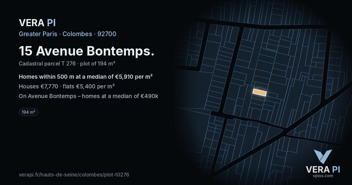15 Avenue Bontemps, Colombes at night – the plot lit, the parcels around coloured by the prices near them